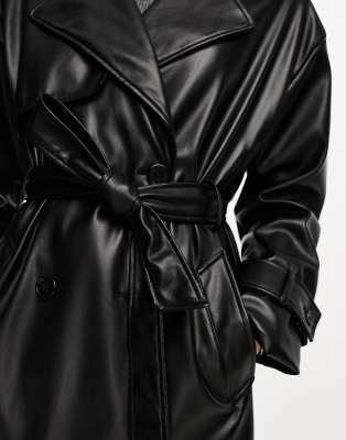 Pull&Bear belted faux leather trench coat in black