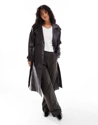 Pull&Bear belted faux leather trench coat in dark brown - view 1