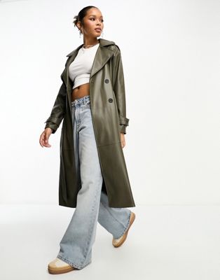 Pull&Bear belted faux leather trench coat in khaki - ASOS Price Checker