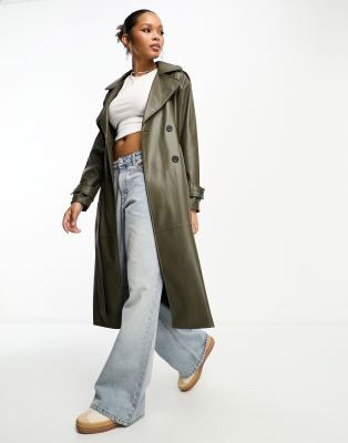 Pull&Bear belted faux leather trench coat in khaki - ASOS Price Checker