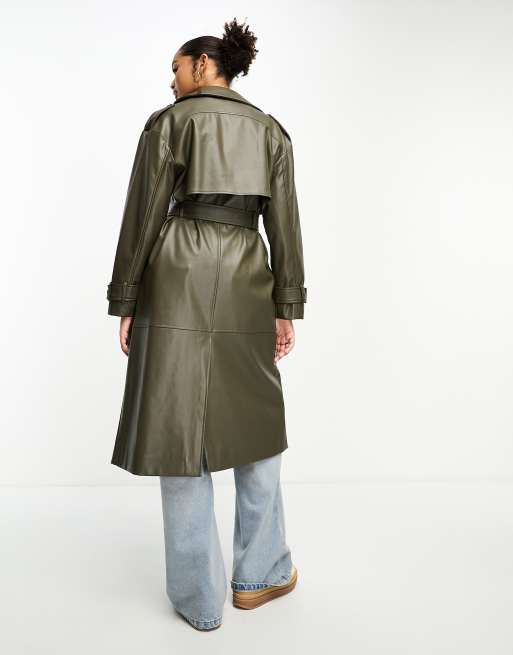 Pull&Bear belted faux leather trench coat in khaki