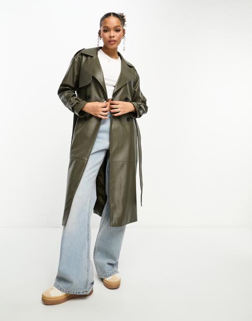 Pull&Bear belted faux leather trench coat in khaki