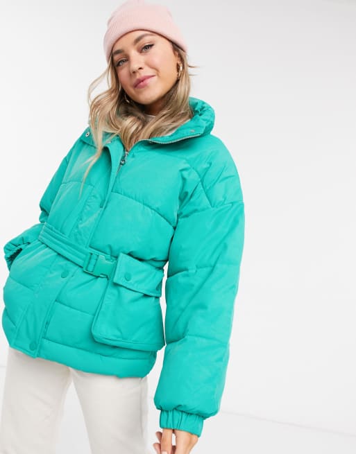 Pull&Bear belted puffer jacket in green | ASOS