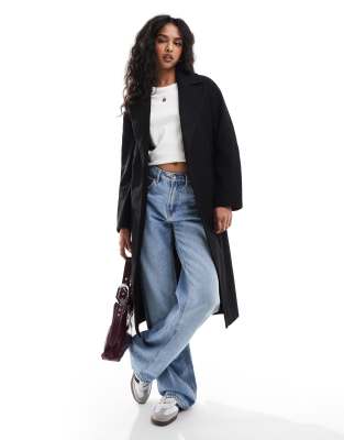 Pull & Bear Belted Wool Look Tailored Trench Coat In Black