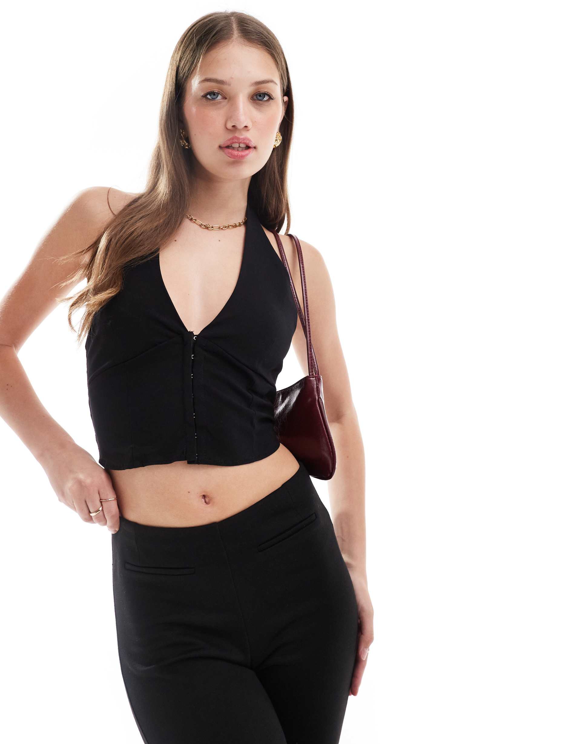pull&bear bengaline hook & eye detail halterneck top in black