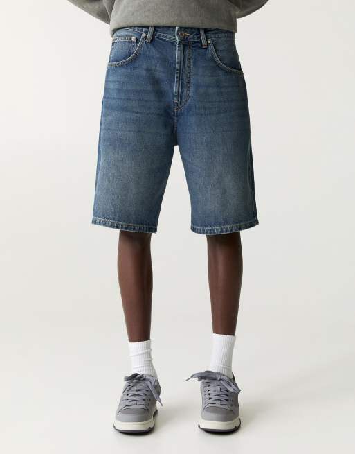Pull&Bear - Bermuda baggy en jean - Bleu marine délavé