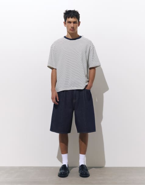 Pull&Bear - Bermuda bermuda in denim a fondo ampio blu navy con pinces - view 1