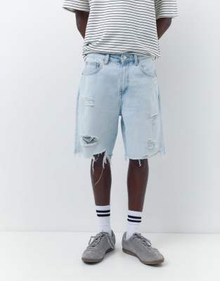 Pull & Bear - Bermuda droit en jean - Bleu pâle