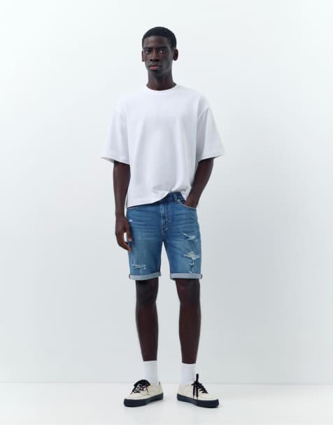Pull&Bear - Bermuda en jean déchiré - Bleu moyen - view 1