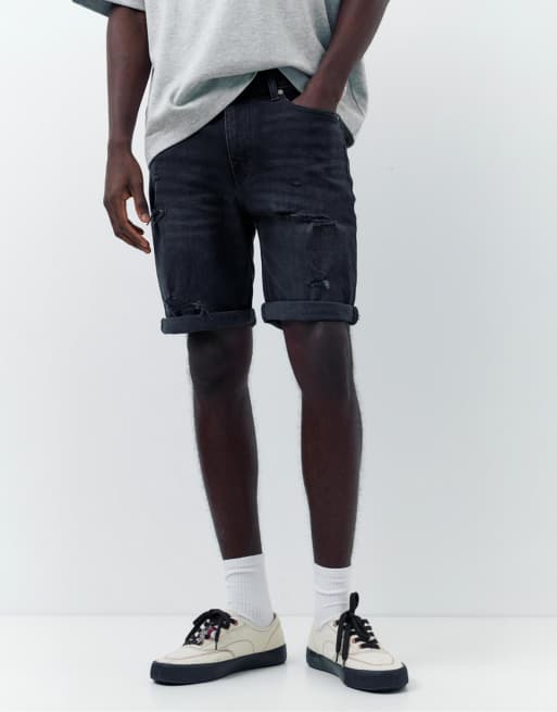 Pull&Bear - Bermuda en jean déchiré - Noir délavé, 2 de 4