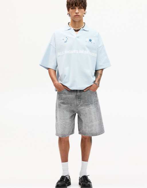 Pull&Bear – Bermuda-Jeansshorts mit Jacquardmuster in Blassgrau