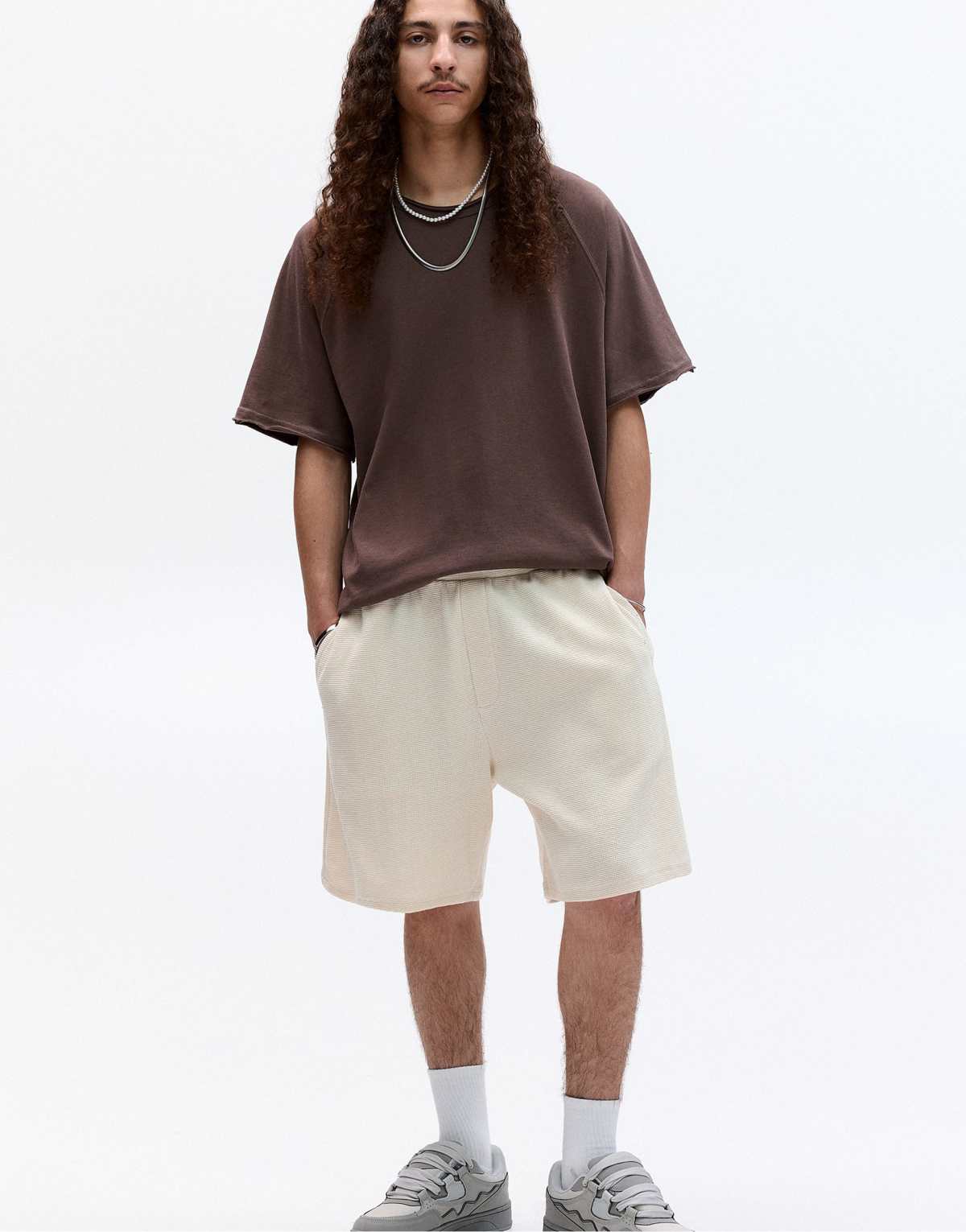 Pull&Bear bermuda shorts in waffle knit fabric in off white