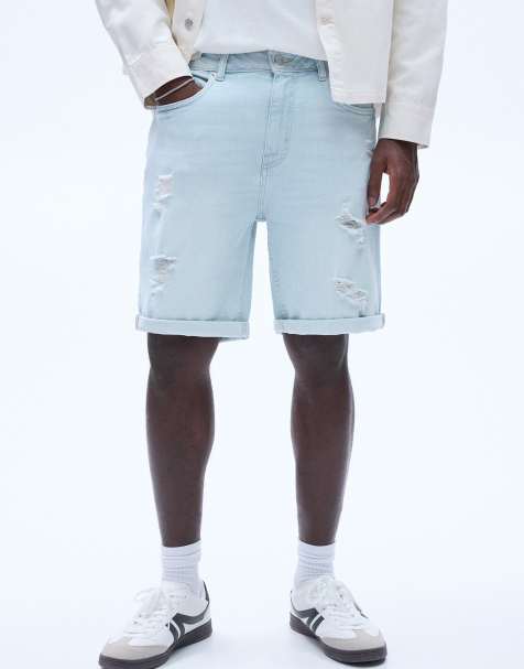 Pull&Bear - Bermuda slim en jean avec déchirures - Indigo pâle - view 1