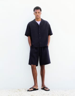 Bermudashorts aus strukturiertem Leinenmix in Marineblau-Navy Navy S