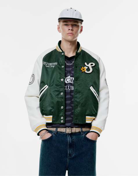 Pull&Bear – Bestickte College-Bomberjacke in Flaschengrün - view 1