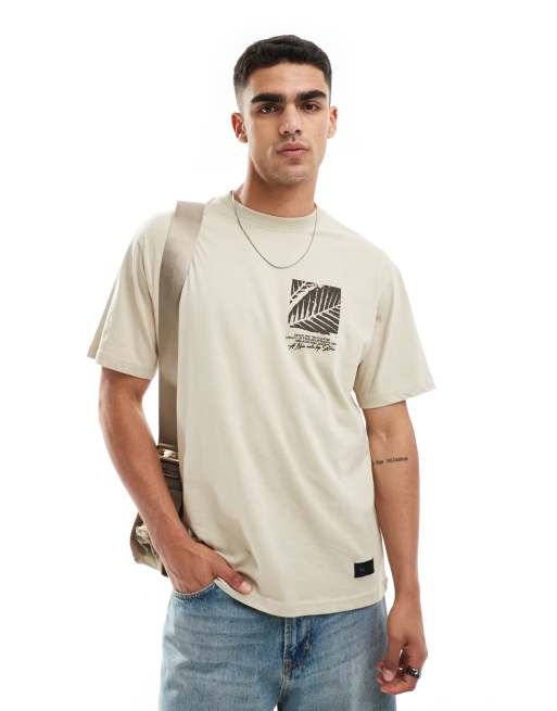 Pull&Bear – Beżowy T-shirt ze wzorem z liściem