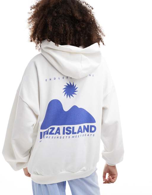 Pull&Bear – Biała bluza oversize z kapturem i grafiką z napisem „Ibiza”
