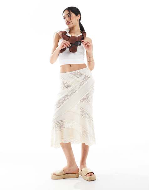 Pull&Bear lace midi skirt with asymmetric hem in white