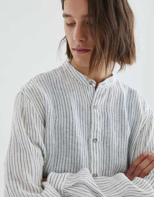 Pull&Bear – Biała lniana koszula w prążki