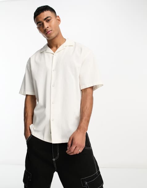 Pull&Bear – Biała lniana koszula z kołnierzykiem kubańskim - view 1