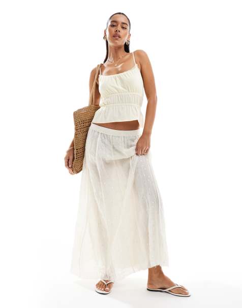 Pull&Bear sequin detail tiered maxi skirt in white