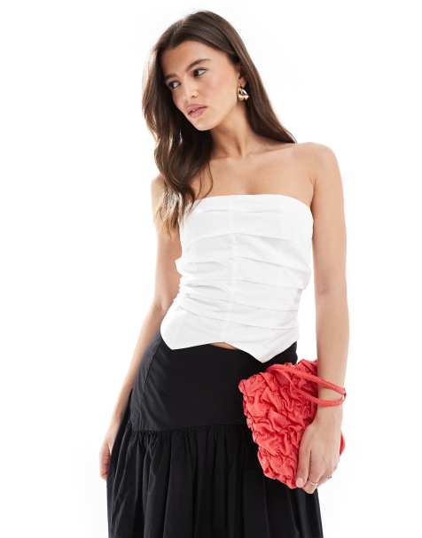 Pull&Bear – Biały marszczony top z dekoltem bandeau - view 1