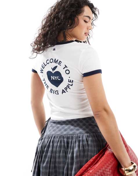 Pull&Bear – Biały przylegający T-shirt z grafiką z Wielkim Jabłkiem - view 1