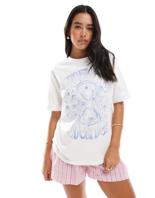 Pull&Bear – Biały T-shirt z grafiką z kwiatami i klepsydrą
