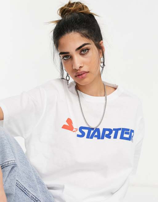 Pull&Bear – Biały T-shirt z grafiką z napisem „Starter”