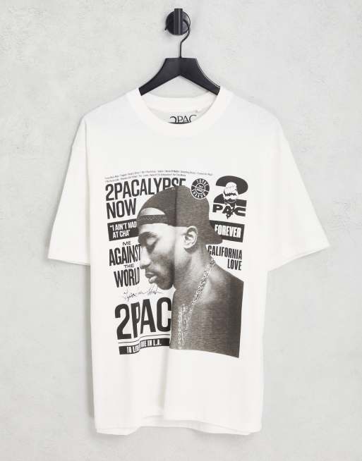 Pull&Bear – Biały T-shirt z motywem 2Paca i napisem „Me against the World”