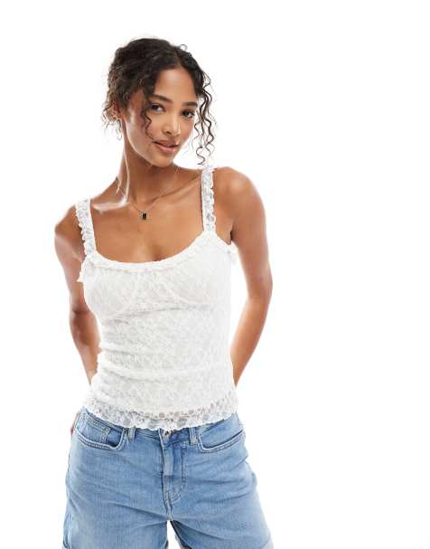 Pull&Bear – Biały top na ramiączkach z falbankami - view 1