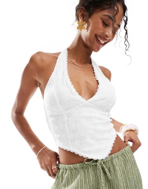 Pull&Bear – Biały top z dżerseju z haftem angielskim dekoltem typu halter - view 1