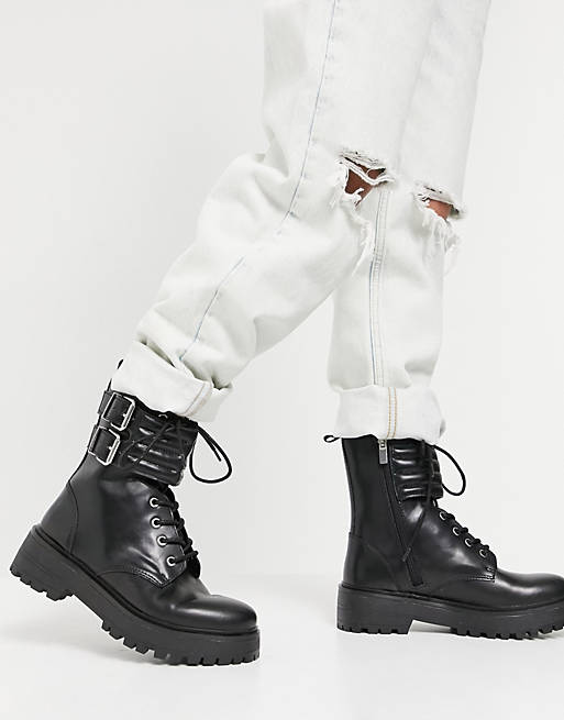 Pull&Bear biker boot with quilted straps in black