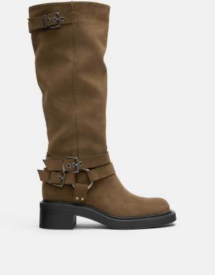 Pull & Bear Biker Buckle Boots In Brown