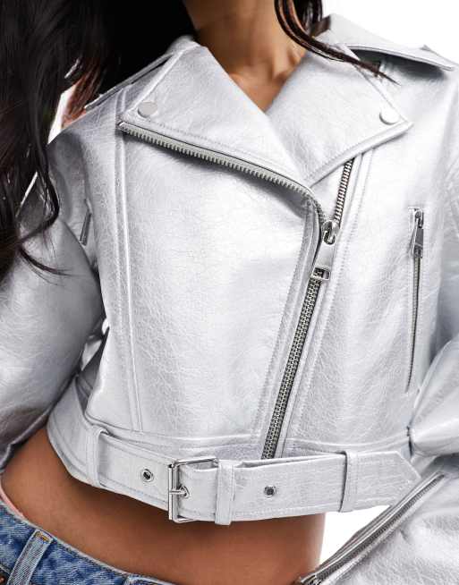 Metallic silver leather on sale jacket