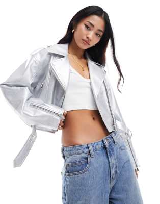 Pull & Bear - Bikerjacke in Metallic-Silber