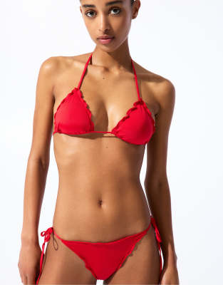 Pull & Bear - Bikinihose in Rot mit Rüschen