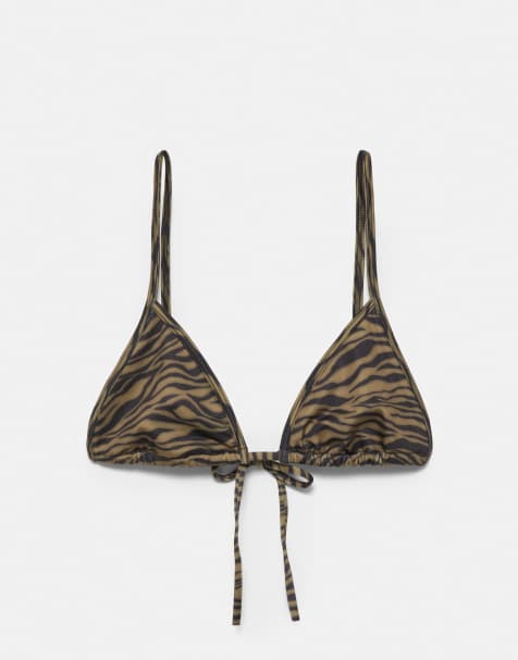 Pull&Bear – Bikinioberteil in Grün mit Zebramuster - view 1