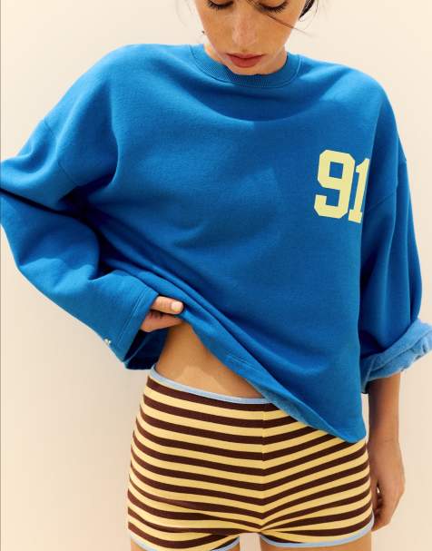 Pull&Bear – Blå, avslappnad sweatshirt med 91-tryck - view 1