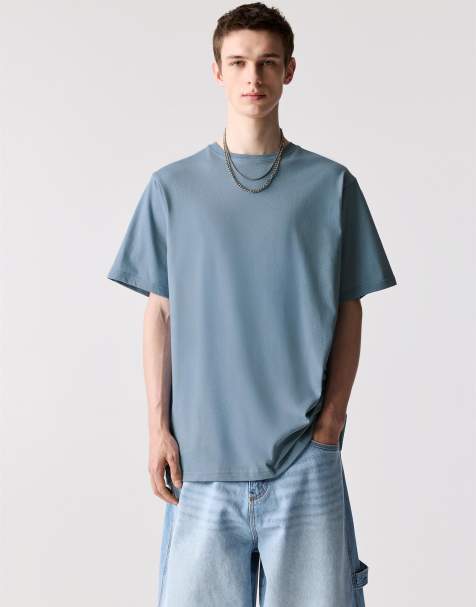 Pull&Bear - Blå basis-T-shirt med korte ærmer i bomuld - view 1