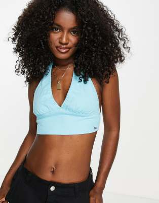 Pull&Bear – Blå crop top med halterneck av linne