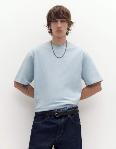 Pull&Bear – Blå, dubbelstickad t-shirt med boxig passform - view 1