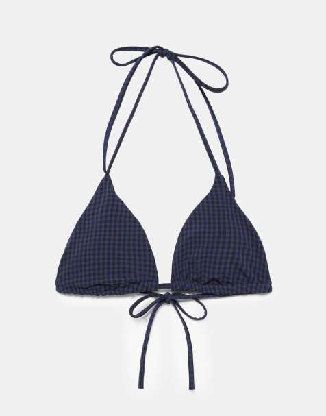 Pull&Bear – Blå, ginghamrutig bikiniöverdel i trekantsmodell - view 1