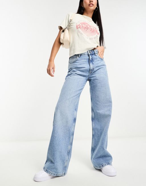 Pull&Bear - Blå flattering jeans med mellemhøj talje og vide ben