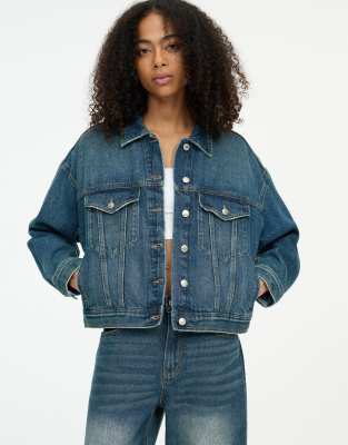 Pull&Bear – Blå jeansjacka i oversize och boxig passform - view 1
