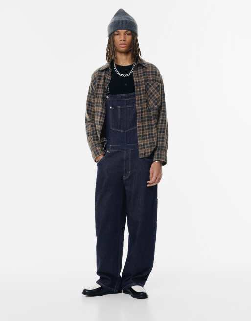 Pull&Bear – Blå, långa hängselbyxor i denim