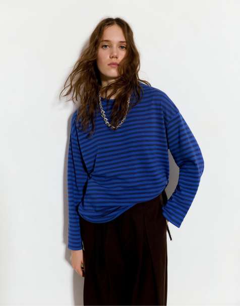 Pull&Bear – Blå, långärmad t-shirt med randigt mönster - view 1