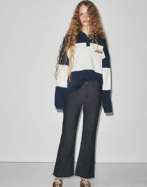 Pull&Bear – Blå manchesterbyxor med utsvängd design nedtill - view 1