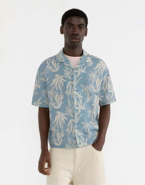 Pull&Bear – Blå, mönstrad skjorta med korta ärmar - view 1