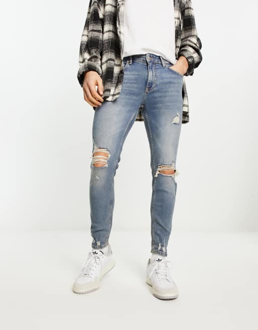 Pull&Bear - Blå premium-jeans med flænger og gulerodspasform